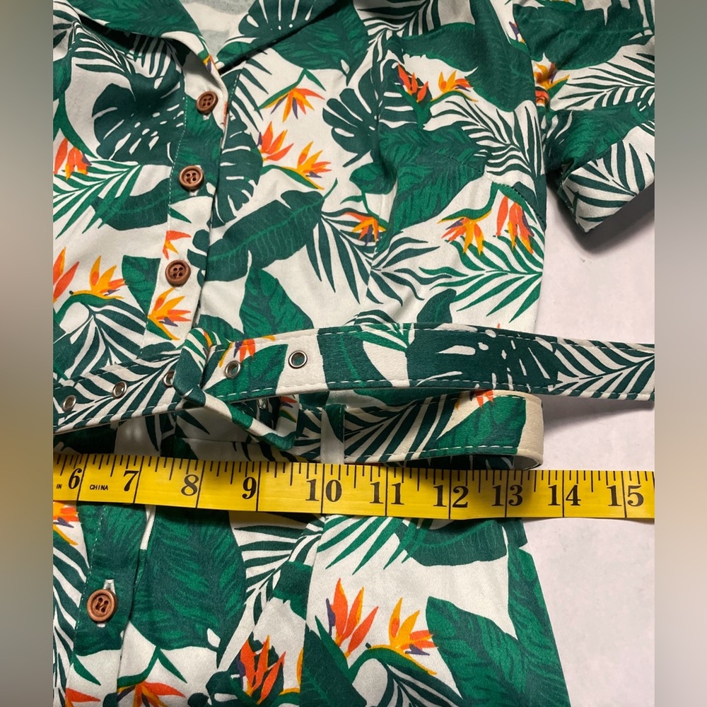 Collectif Swing Dress w/ Collar 1950s White w/ Green & Orange Leaf Pattern XS - Picture 12 of 14